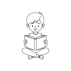 Outline Vector of Boy Sitting and Reading a Book