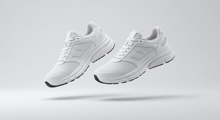 White Athletic Sneakers with Cushioned Soles and Modern Design on Plain Light Gray Background
