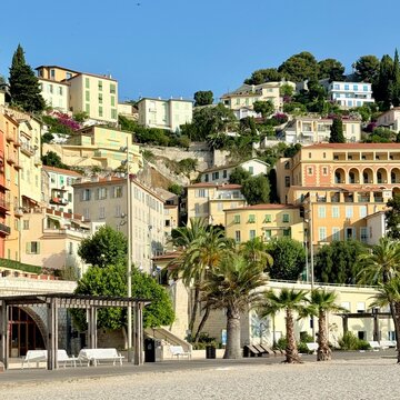 Cityscape view from the Place des Sablettes beach, Menton, Alpes-Maritimes, Provence-Alpes-Cote d'Azur, France
