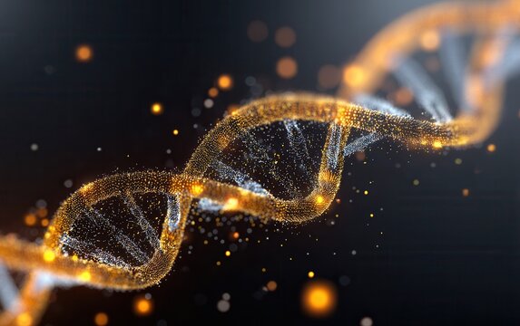 Glowing golden dna helix abstract background on dark backdrop