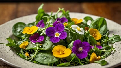 Obraz premium Colorful Edible Flower Salad with Microgreens, Fresh Plate Style