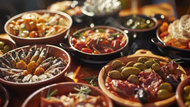 Traditional Spanish tapas selection featuring olives, cured meats, cheeses and Mediterranean appetizers served in rustic wooden bowls on table