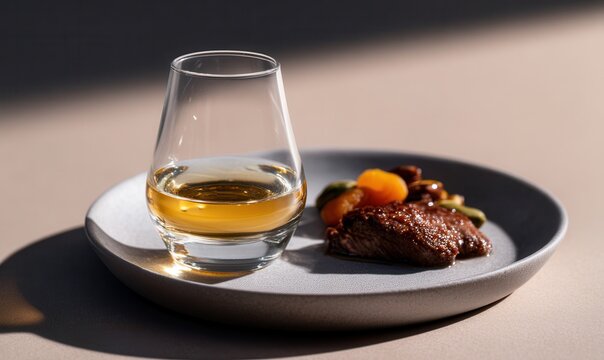 Clear apricot arak with khinkal pieces and lamb on a grey plate in Dagestan