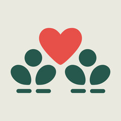 A charming visual featuring two abstract figures with leafy elements and a large red heart between them, conveying themes of love, friendship, and community