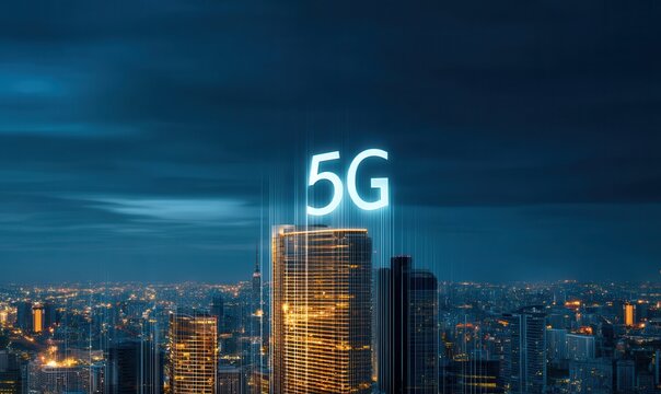 Nighttime city illuminated with 5G technology, showing innovation and futuristic urban network