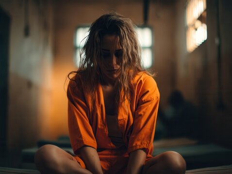 Depressed female prisoner sits cross-legged on bed in detention center cell under natural lighting