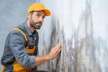 Technician inspecting wall with severe water damage and mold