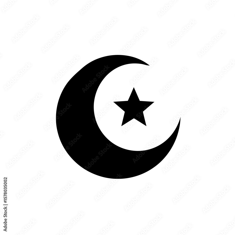 Poster crescent moon shape with a five pointed star placed within the curve of the moon shape graphic icon