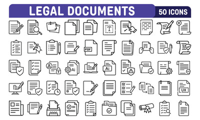 Fifty Professional Line Icons: Legal Documents, Contracts, and Checklists