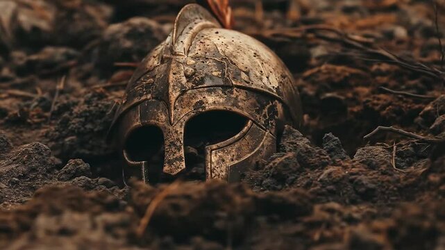 Close-up of a weathered and tarnished ancient Greek helmet lying on dry, cracked earth mixed with scattered rocks and pebbles, suggesting a scene of historical war. Great discovery