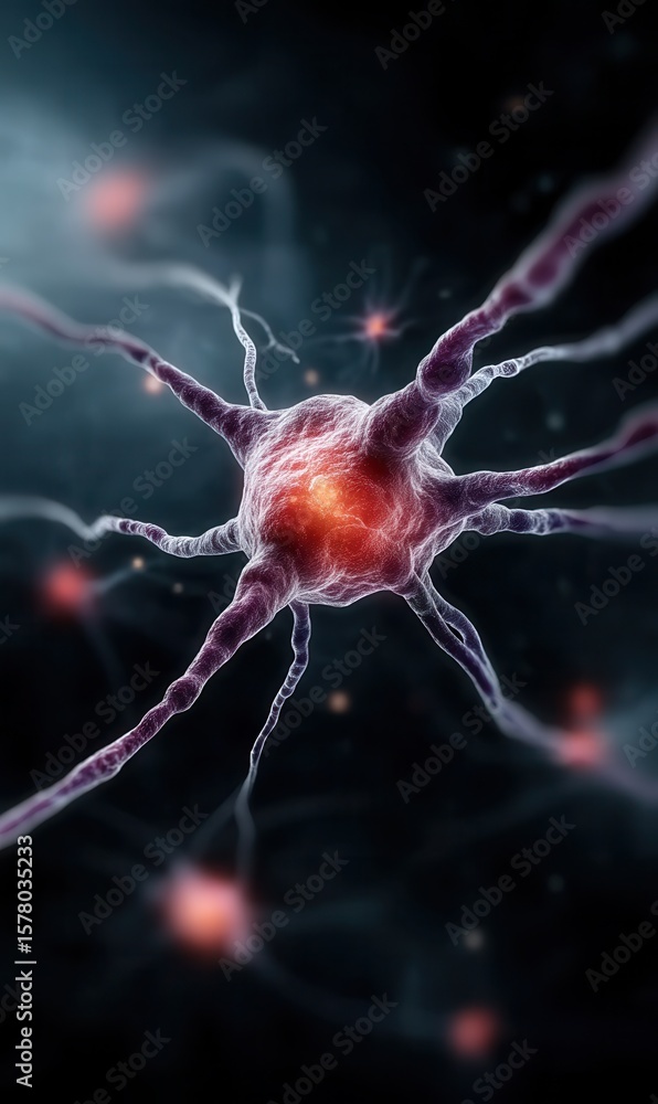 Poster glowing neuron network connection with purple and red pathways in dark space