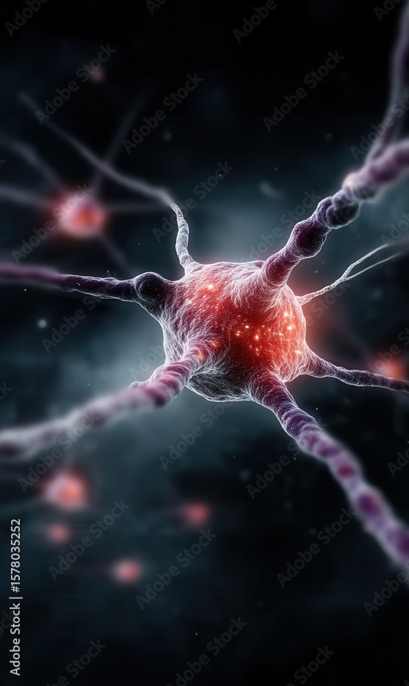 Poster glowing neuron network with purple and red illumination in dark space simulation