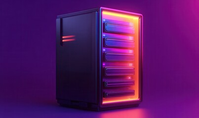 Modern server stack glowing with orange, purple and pink light in a dark theme