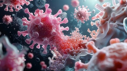 Microscopic viral invasion shows viruses infecting cells in the human body