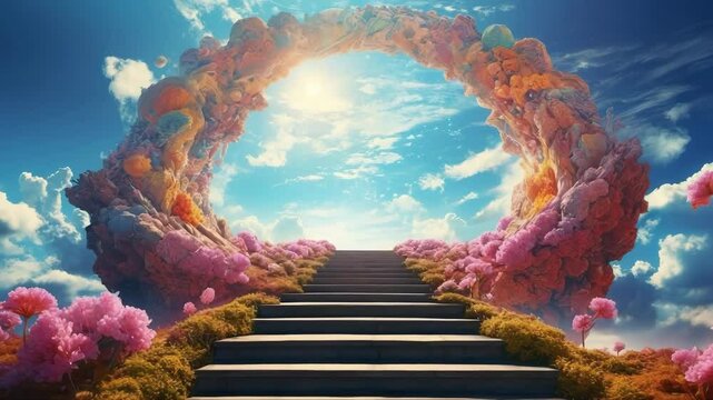Stairway and gate to heaven made of flowers, aerial view