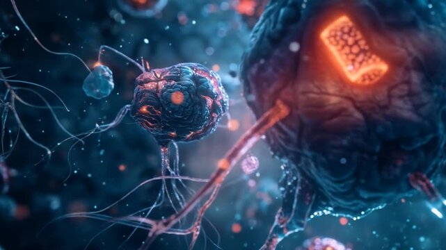 Microscopic nanobots repairing damaged cells inside human body, with medical nanotechnology, cellular healing process, sci-fi medical treatment. Glowing microscopic robots in the brain