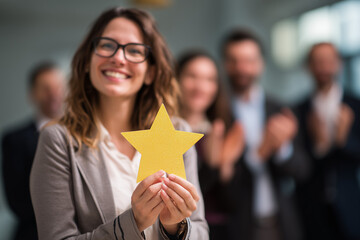 Happy Employee Receiving Golden Star Recognition