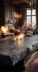 Dark, stone table with fireplace, ornate room