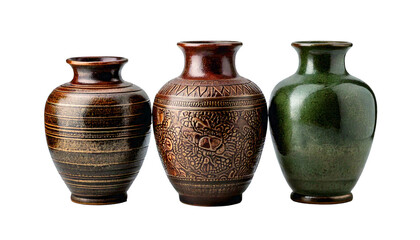 Front view old three ceramic vase on white background, object, decor, fashion, gift png