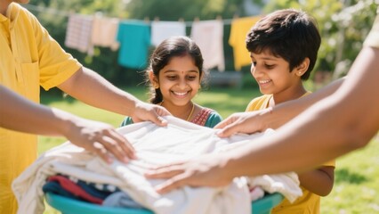 Obraz premium Children Helping with Laundry