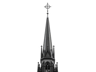 A striking church steeple with a cross atop, showcasing architectural beauty and serenity.