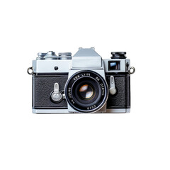 A vintage 35mm film camera, silver and black, displayed against a stark black background; showcasing its classic design and mechanical features