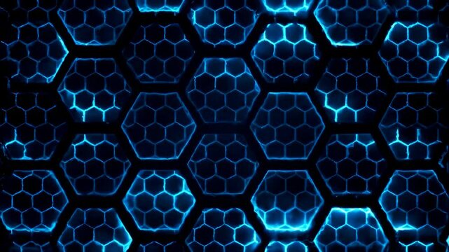 Futuristic abstract background with a glowing blue hexagonal grid pattern moving slowly on a dark surface