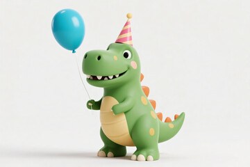 Naklejka premium Cartoon 3D green dino holding balloon