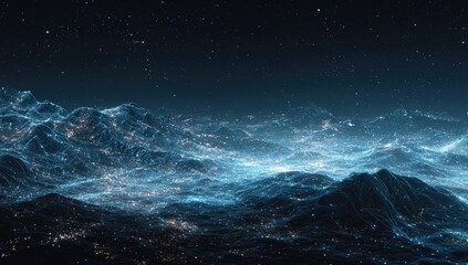 Naklejka premium Nightly city lights on a mountainous landscape, digitally rendered