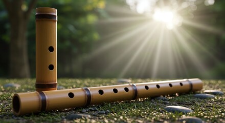 Naklejka premium Wooden Pan Flute Musical Instrument in Outdoor Park Scene with Sunlight