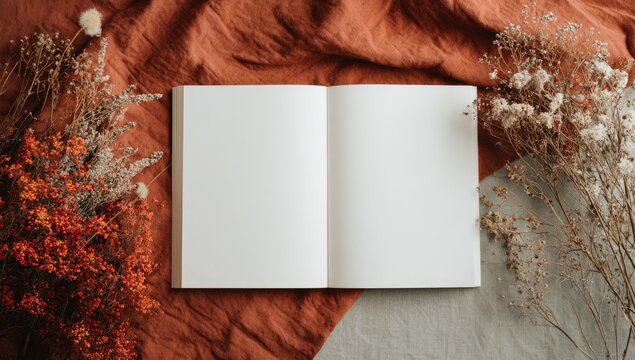 Open notebook on terracotta linen, surrounded by dried flowers