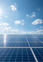 Array of Solar Panels Reflecting Sunlight Under a Bright Blue Sky