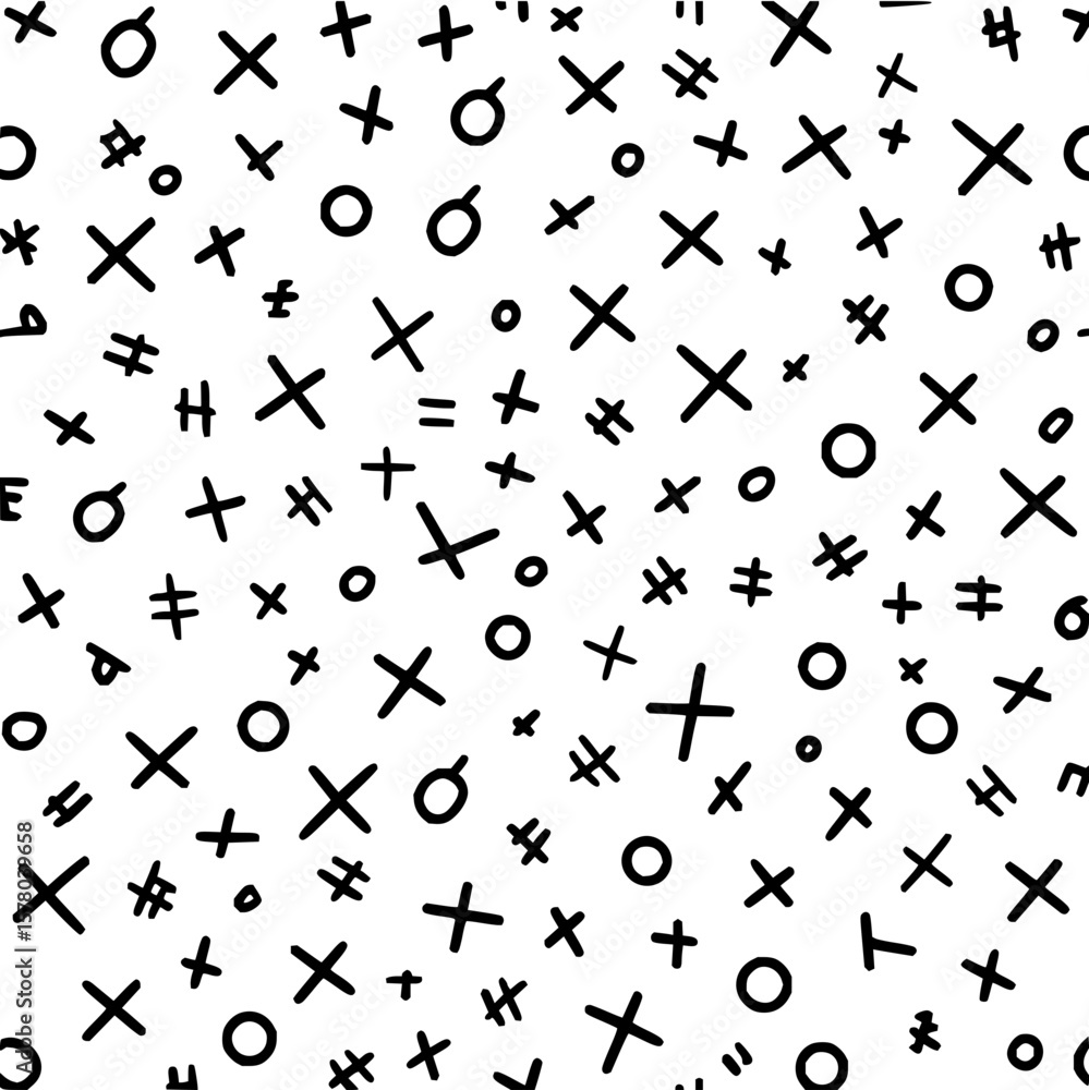 Poster seamless pattern of handwritten x marks plus signs circles and hash symbols on a white background.