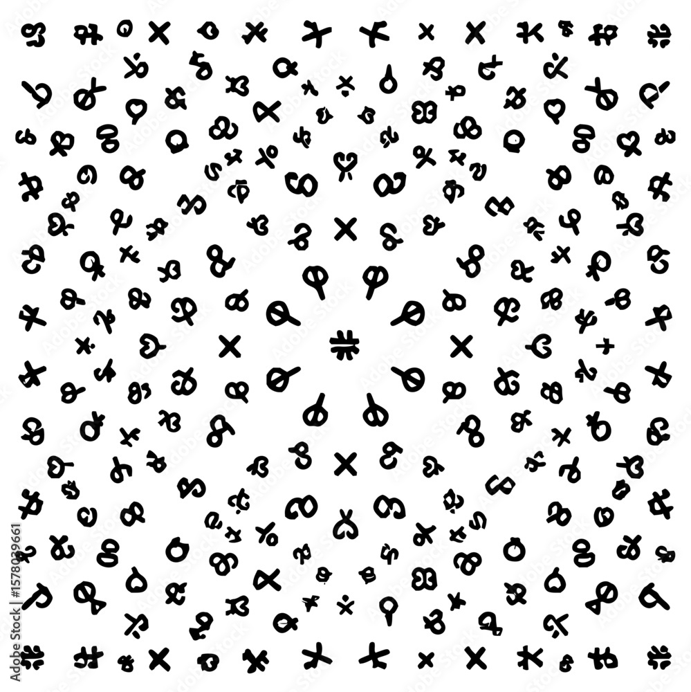 Poster scattered black glyphs pattern with varying sizes and orientations on a white background design elem