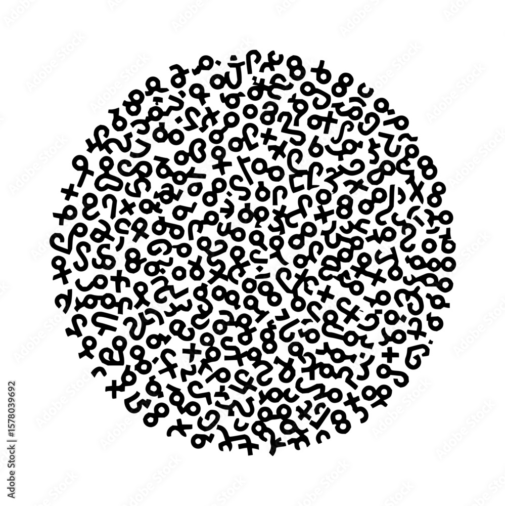 Poster Circular arrangement of black abstract symbols and shapes creating a dense visual texture pattern