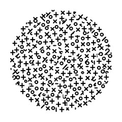 A dense circular arrangement of black plus signs circles dashes and other symbols on a white background