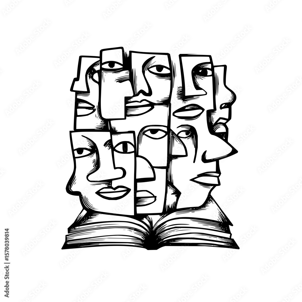 Poster abstract faces stacked above an open book in black and white line art style with geometric shapes an