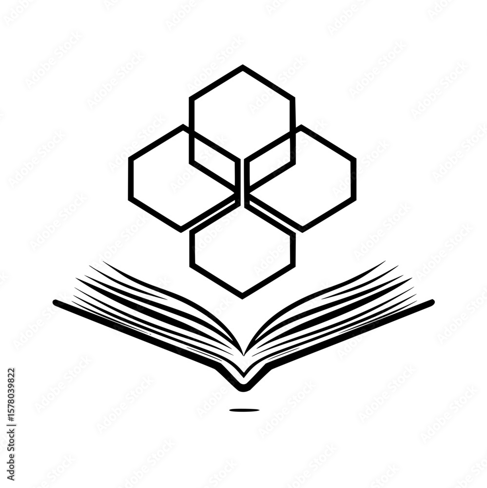 Poster open book with multiple hexagon shapes stacked above it in a black and white line drawing style imag