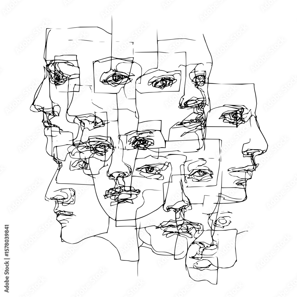 Aufkleber abstract line drawing featuring multiple overlapping faces in a minimalist black and white design st
