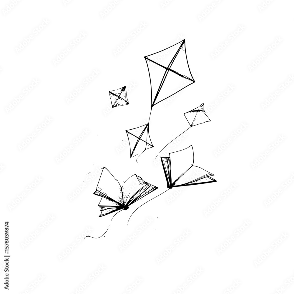 Poster sketch of open books and kites floating in the air with string in a black and white drawing style ar