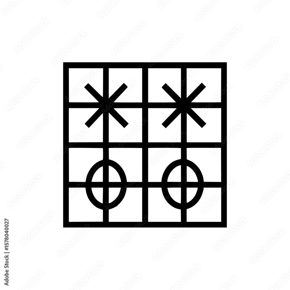 Poster black grid containing two x symbols and two circle symbols in a square arrangement on white backgrou
