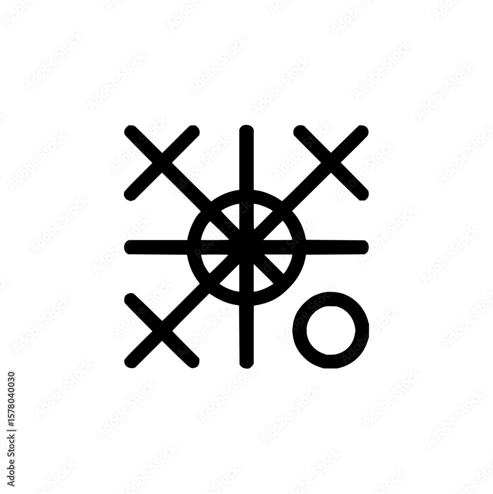 Poster abstract design featuring intersecting lines, crosses, a central circle, and a smaller circle elemen
