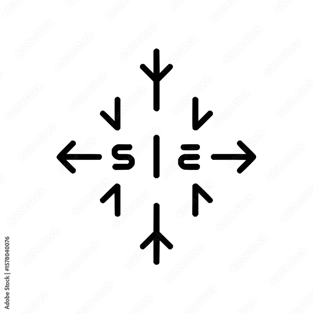 Poster abstract directional symbol with arrows pointing inward and outward from a central element design