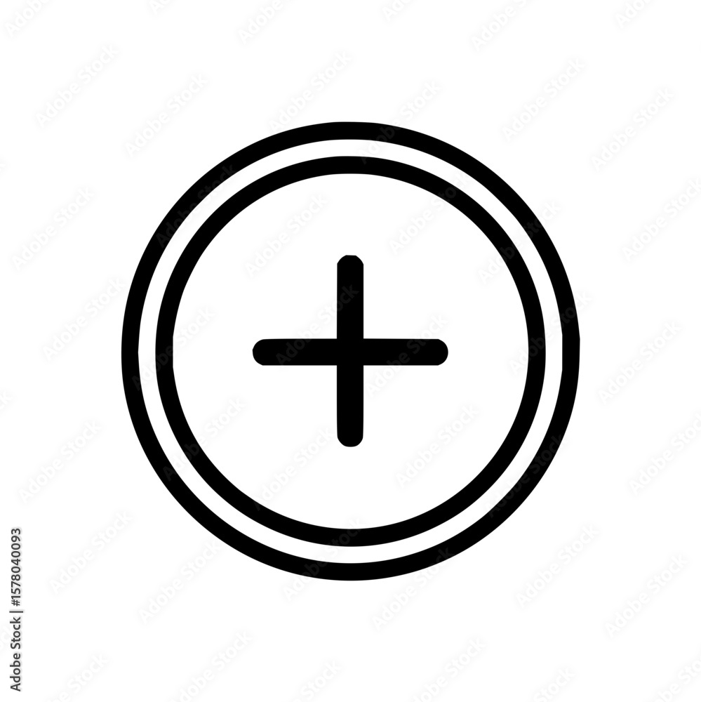 Poster black outlined plus symbol centered within a double lined circle on a white plain background view
