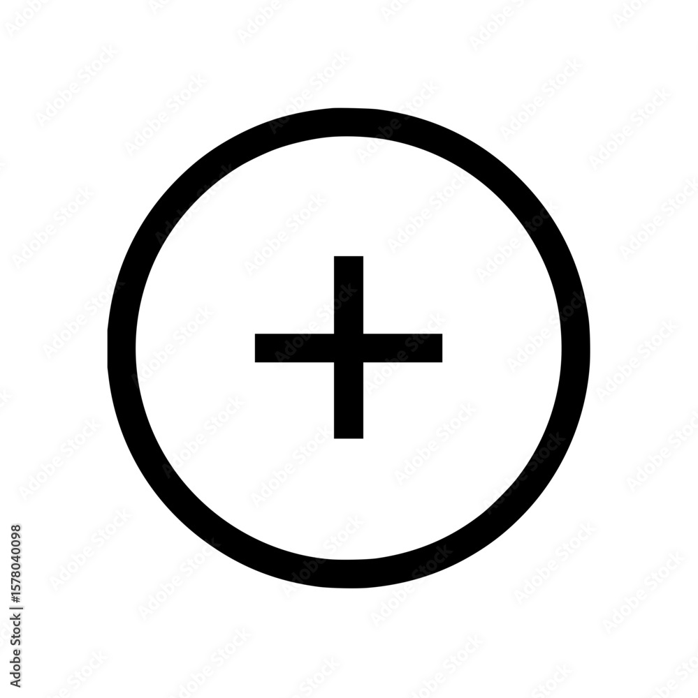 Poster black outline of a plus symbol centered inside of a black circle on a white background visual art