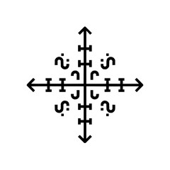 A black and white compass rose with arrows pointing in four directions and decorative symbols around it