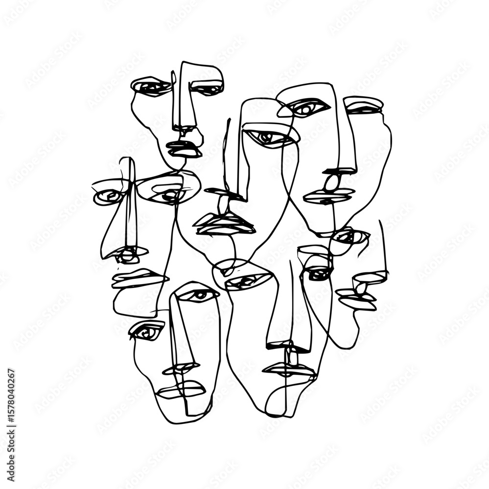 Poster abstract line art depicting multiple human faces with minimalist and continuous black line drawing s
