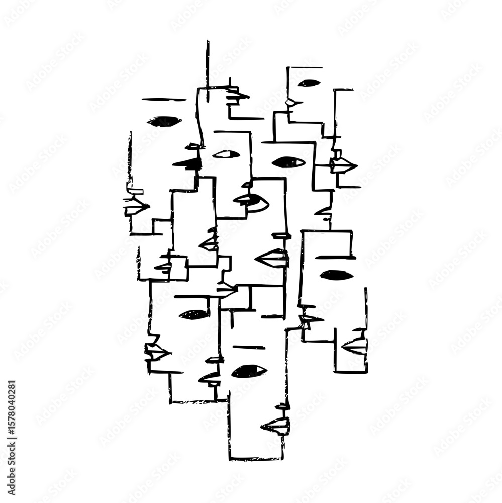 Aufkleber abstract representation of multiple faces interconnected with simple lines and geometric shapes art