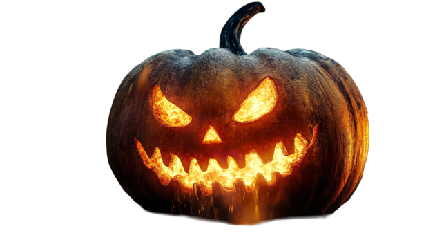 A menacing jack o lantern with fiery eyes and a toothy grin radiating eerie light on Halloween on transparent background