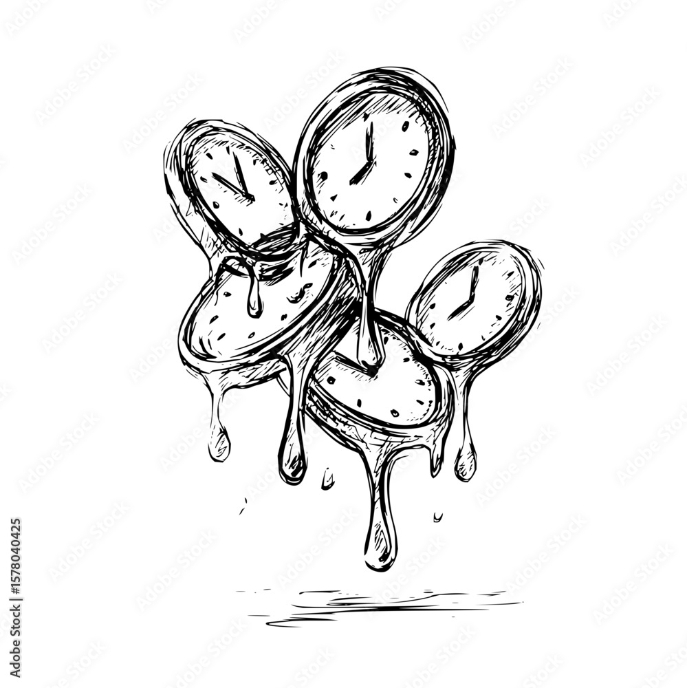 Aufkleber sketch of melting clocks with dripping time in a surreal and abstract representation of time passing